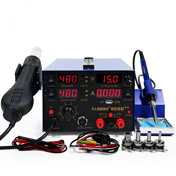 SAIKE 909D++ Hot air soldering station with DC Power Supply 15V 2A