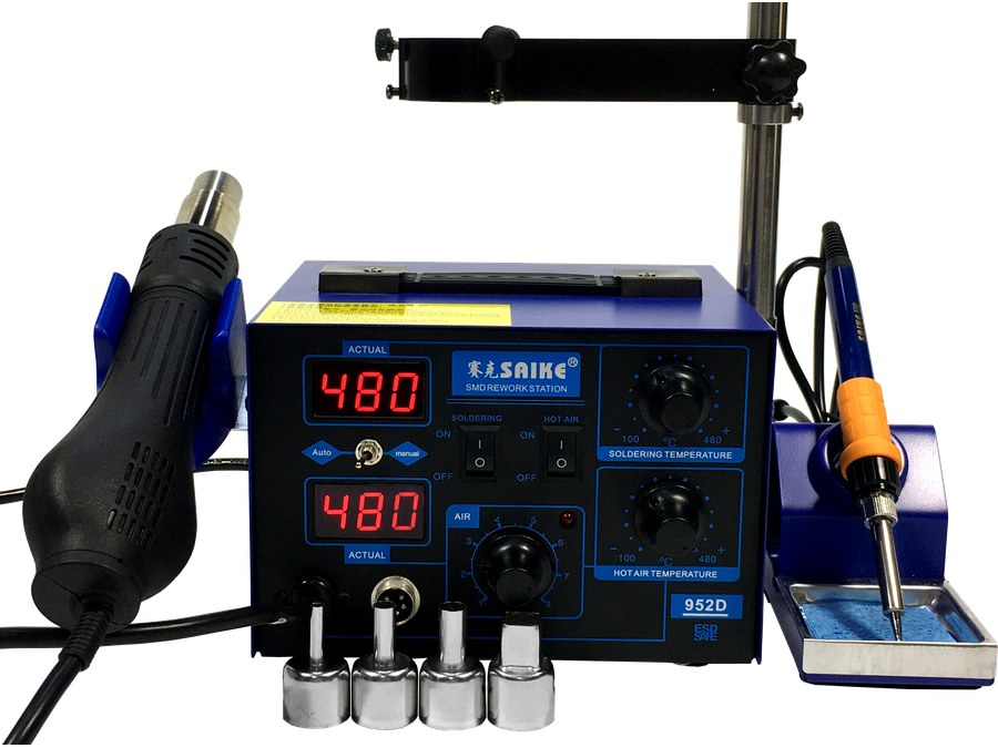 SAIKE 952D workbench setup with hot air and soldering handles